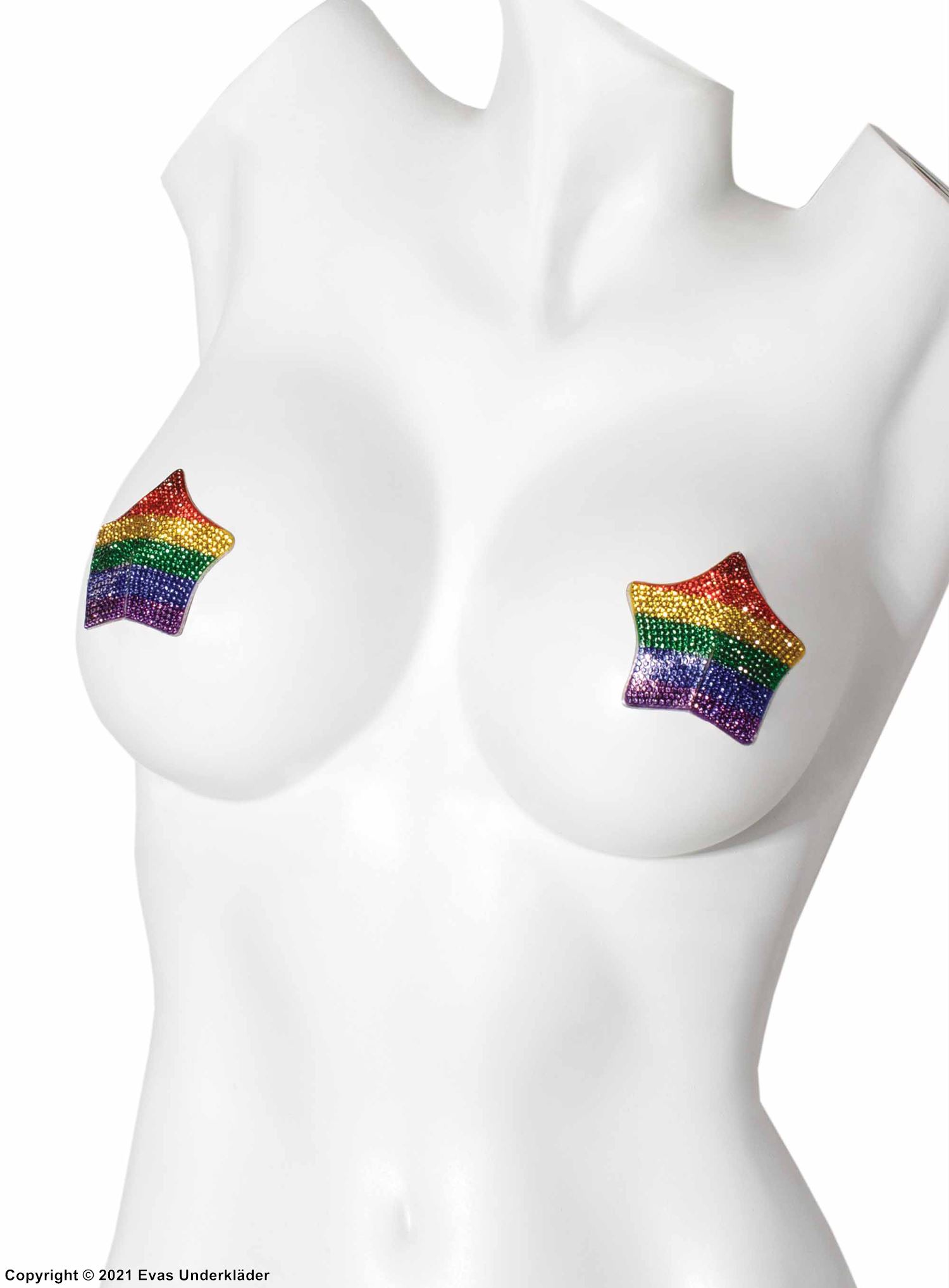 Självhäftande bröstvårtetäckare med strass och stjärnor, regnbågsfärg